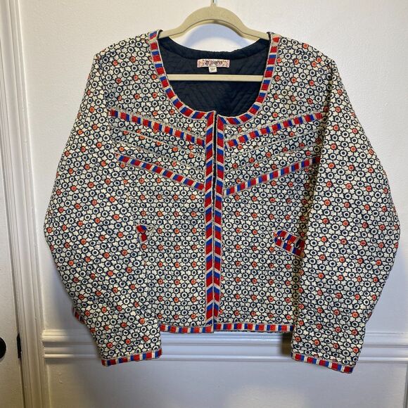 Joe Browns HX582 Quilted Floral Embroidered Jacket Navy Red Boho Cottagecore - Picture 1 of 8